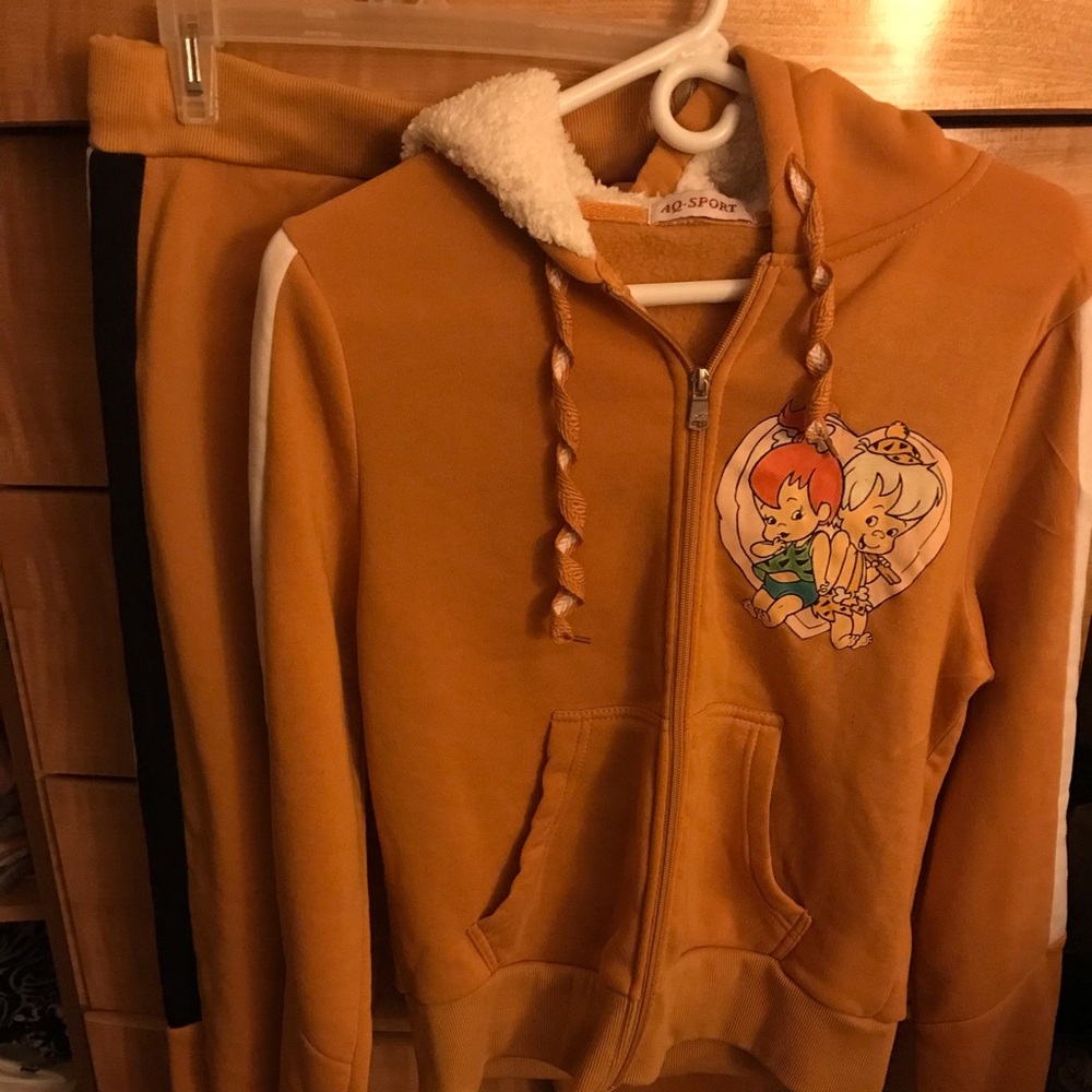 Orange  yellowish Hoodie with Cartoon Print pebbles and bam bam size 6